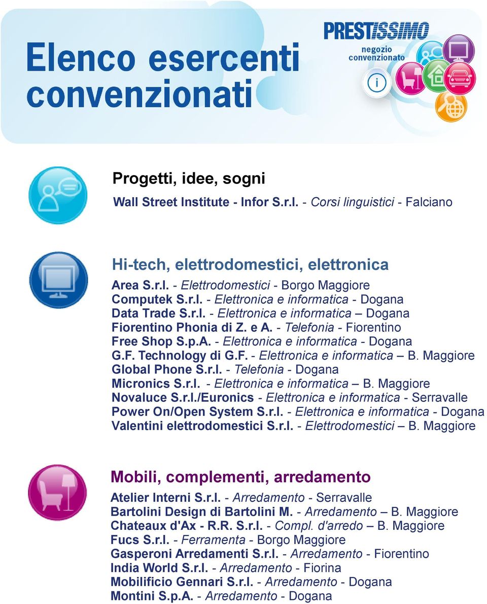 Maggiore Global Phone S.r.l. - Telefonia - Dogana Micronics S.r.l. - Elettronica e informatica B. Maggiore Novaluce S.r.l./Euronics - Elettronica e informatica - Serravalle Power On/Open System S.r.l. - Elettronica e informatica - Dogana Valentini elettrodomestici S.