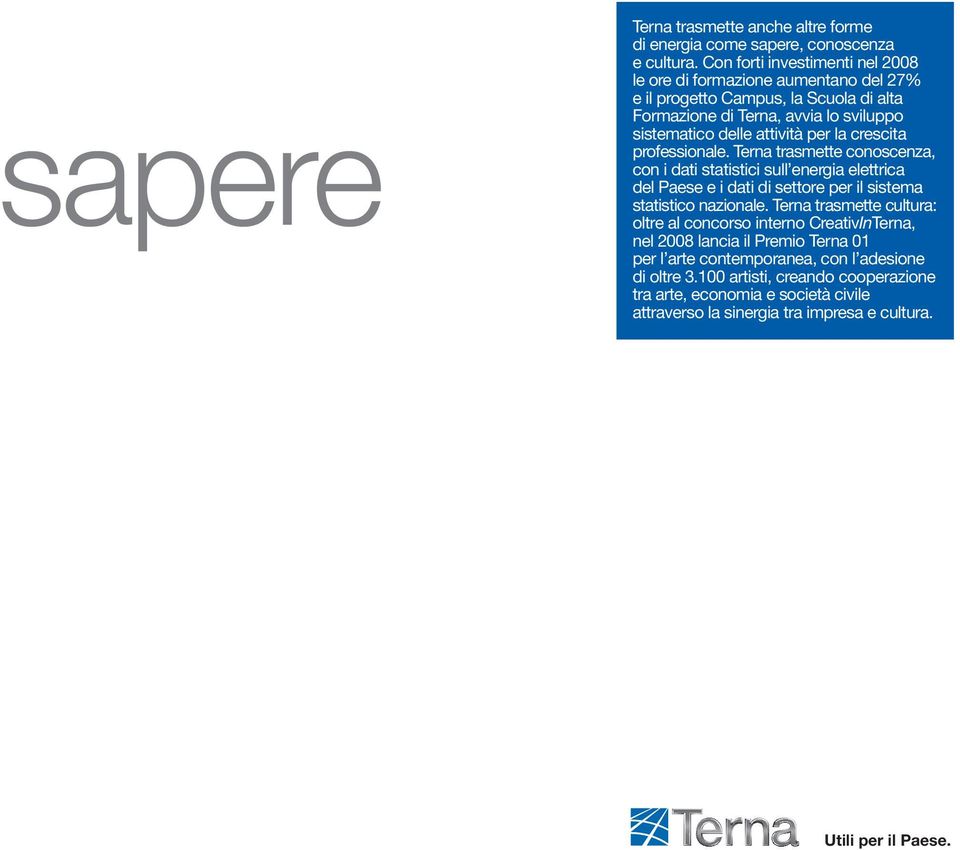 la crescita professionale. Terna trasmette conoscenza, con i dati statistici sull energia elettrica del Paese e i dati di settore per il sistema statistico nazionale.