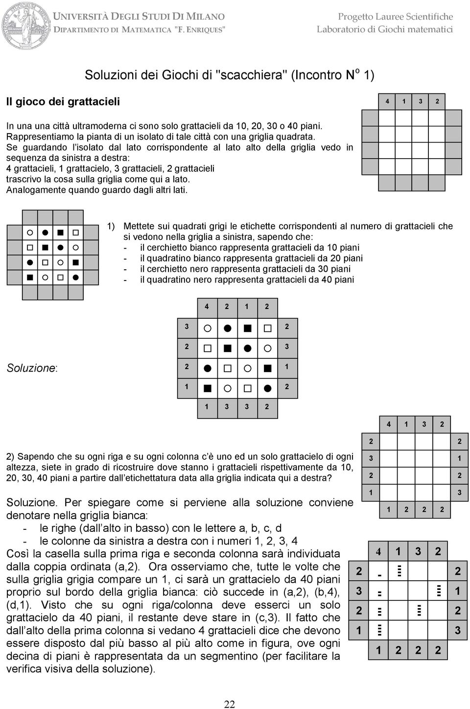 Se guardando l isolato dal lato corrispondente al lato alto della griglia vedo in sequenza da sinistra a destra: 4 grattacieli, grattacielo, grattacieli, grattacieli trascrivo la cosa sulla griglia