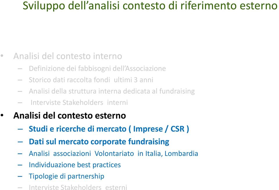 interni Analisi del contesto esterno Studi e ricerche di mercato ( Imprese / CSR ) Dati sul mercato corporate fundraising