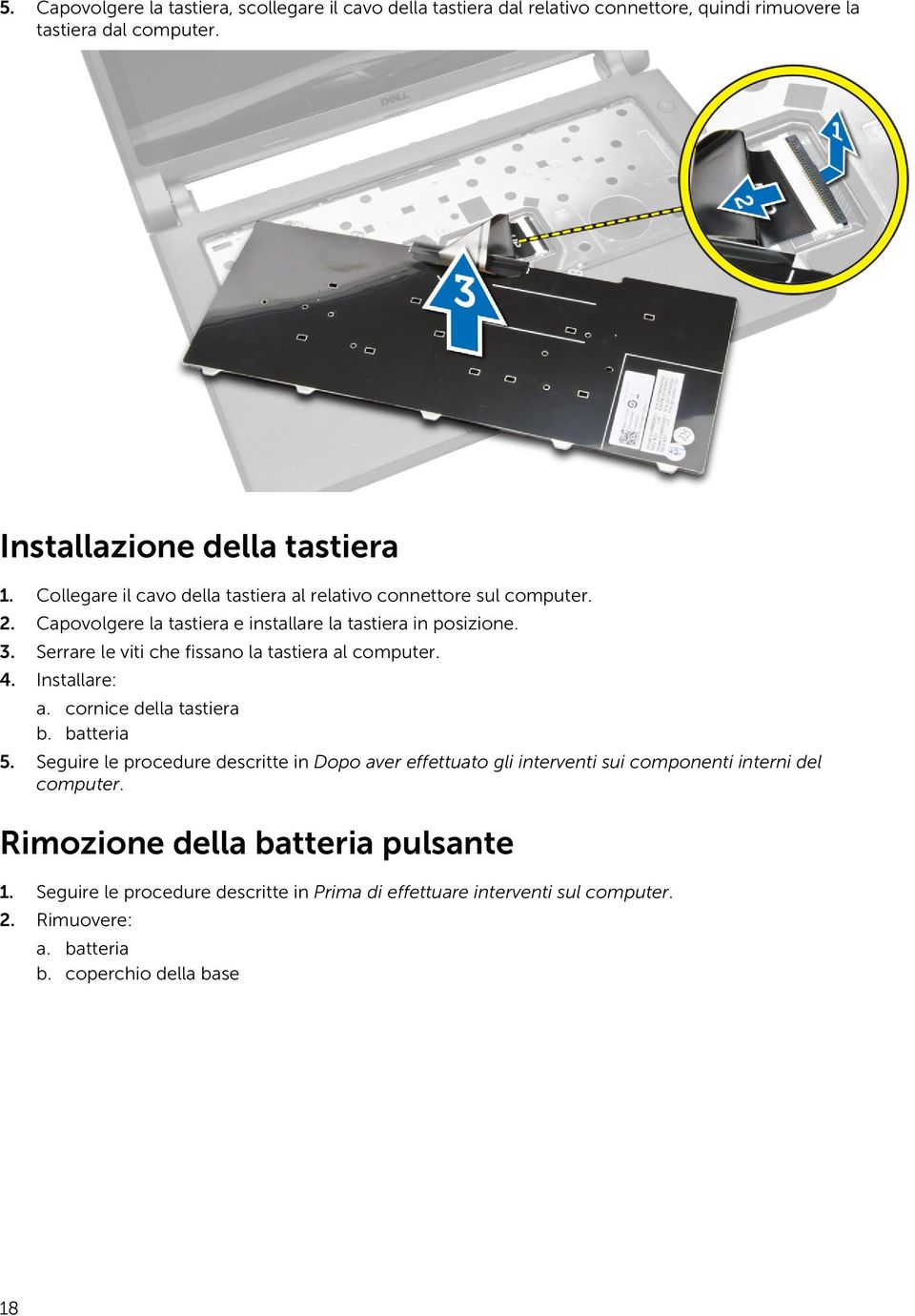 Serrare le viti che fissano la tastiera al computer. 4. Installare: a. cornice della tastiera b. batteria 5.