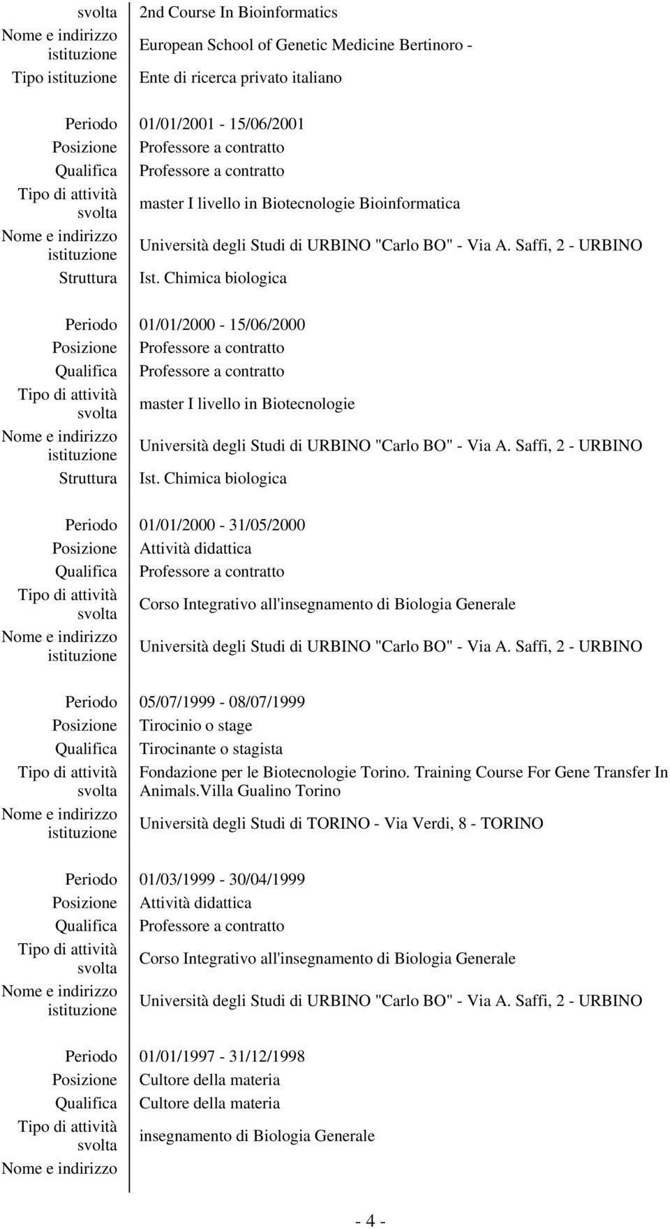 Chimica biologica Periodo 01/01/2000-15/06/2000 Posizione Professore a contratto Qualifica Professore a contratto master I livello in Biotecnologie Struttura Ist.