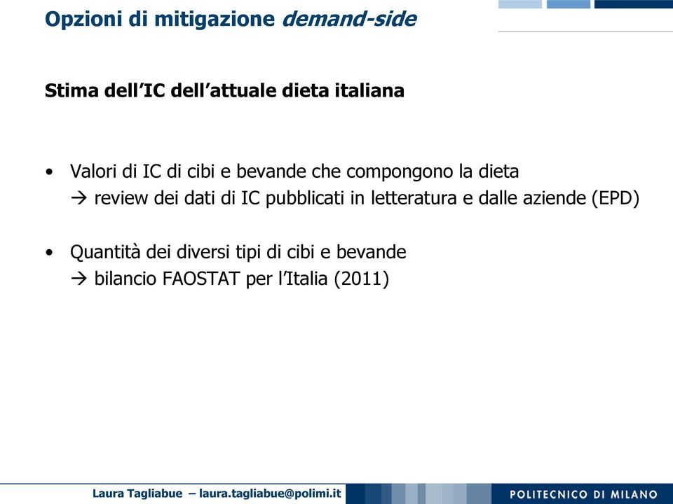 dei dati di IC pubblicati in letteratura e dalle aziende (EPD)