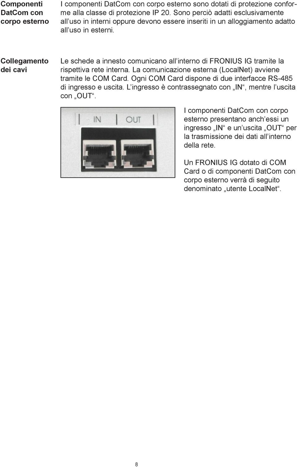 Collegamento dei cavi Le schede a innesto comunicano all interno di FRONIUS IG tramite la rispettiva rete interna. La comunicazione esterna (LocalNet) avviene tramite le COM Card.