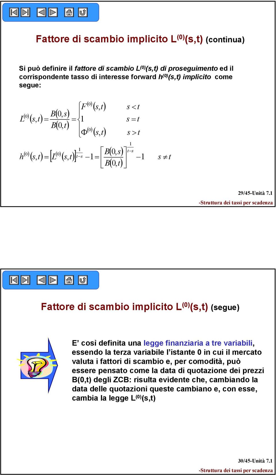 Faore di scambio implicio L () (s, (segue) E così definia una legge finanziaria a re variabili, essendo la erza variabile l isane in cui il mercao valua i