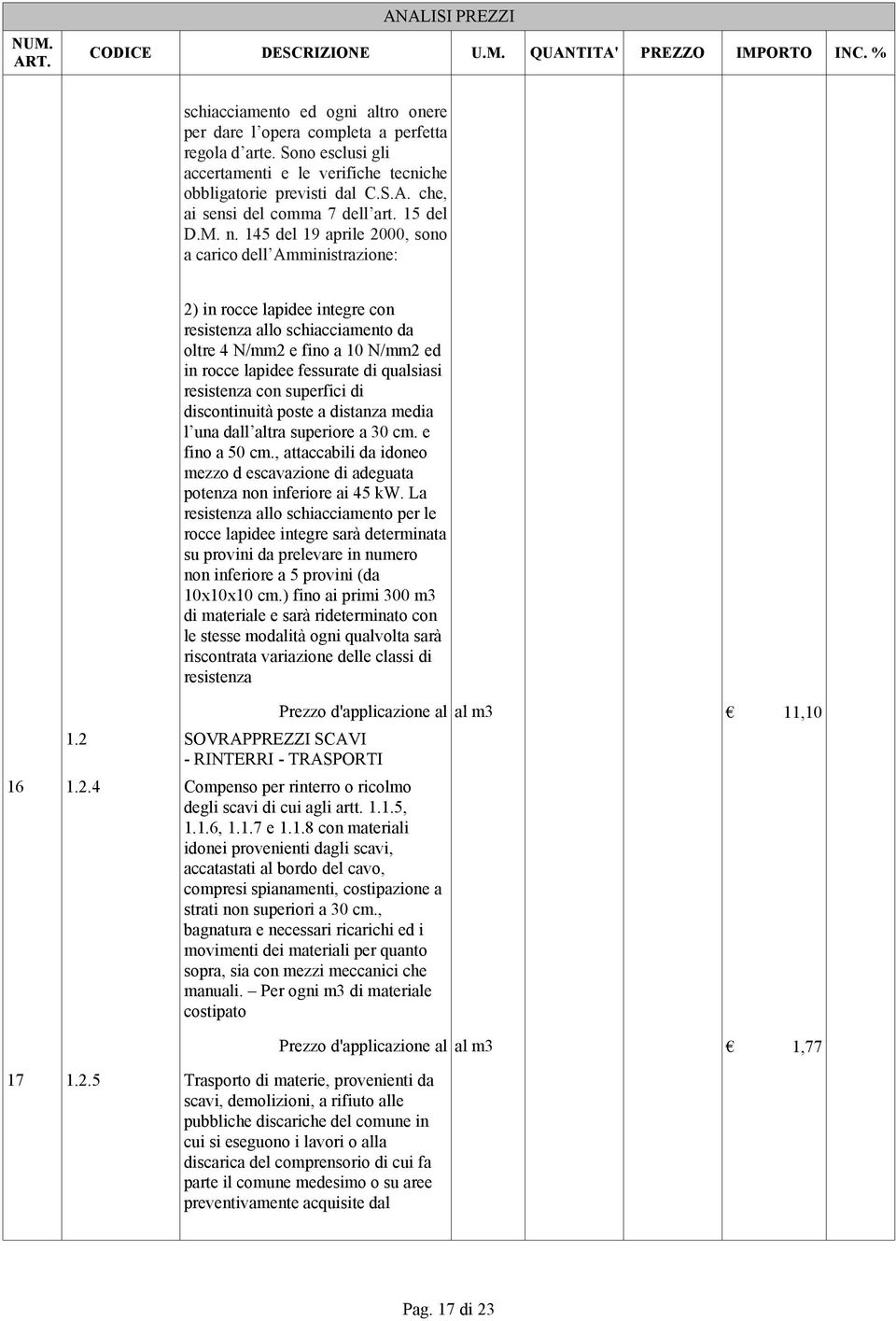 145 del 19 aprile 2000, sono a carico dell Amministrazione: 2) in rocce lapidee integre con resistenza allo schiacciamento da oltre 4 N/mm2 e fino a 10 N/mm2 ed in rocce lapidee fessurate di