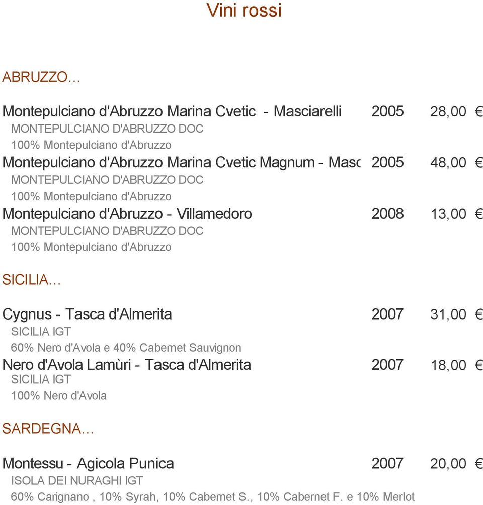 100% Montepulciano d'abruzzo SICILIA Cygnus - Tasca d'almerita 2007 31,00 SICILIA IGT 60% Nero d'avola e 40% Cabernet Sauvignon Nero d'avola Lamùri - Tasca d'almerita 2007