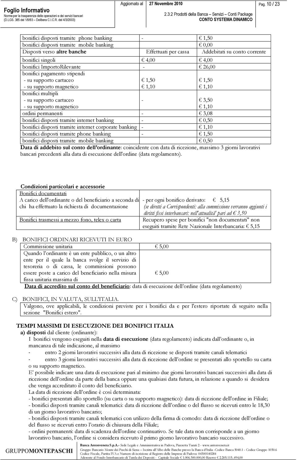 1,10 1,50 1,10-3,50 1,10 ordini permanenti - 3,08 bonifici disposti tramite internet banking - 0,50 bonifici disposti tramite internet corporate banking - 1,10 bonifici disposti tramite phone banking