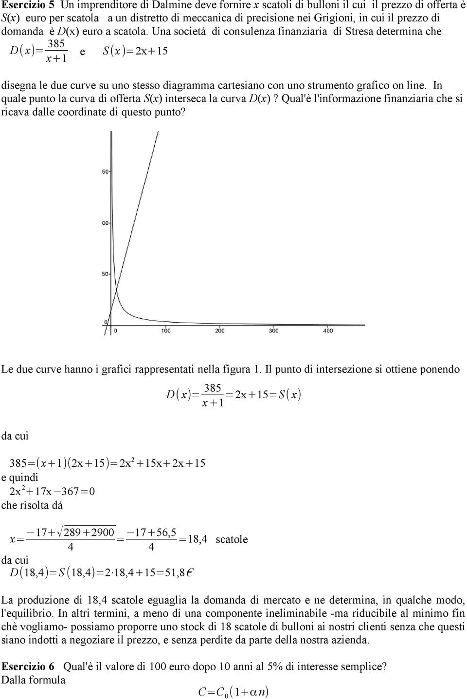 Una società di consulenza finanziaria di Stresa determina che D( x)= 385 e S(x)=2x+15 x+1 disegna le due curve su uno stesso diagramma cartesiano con uno strumento grafico on line.