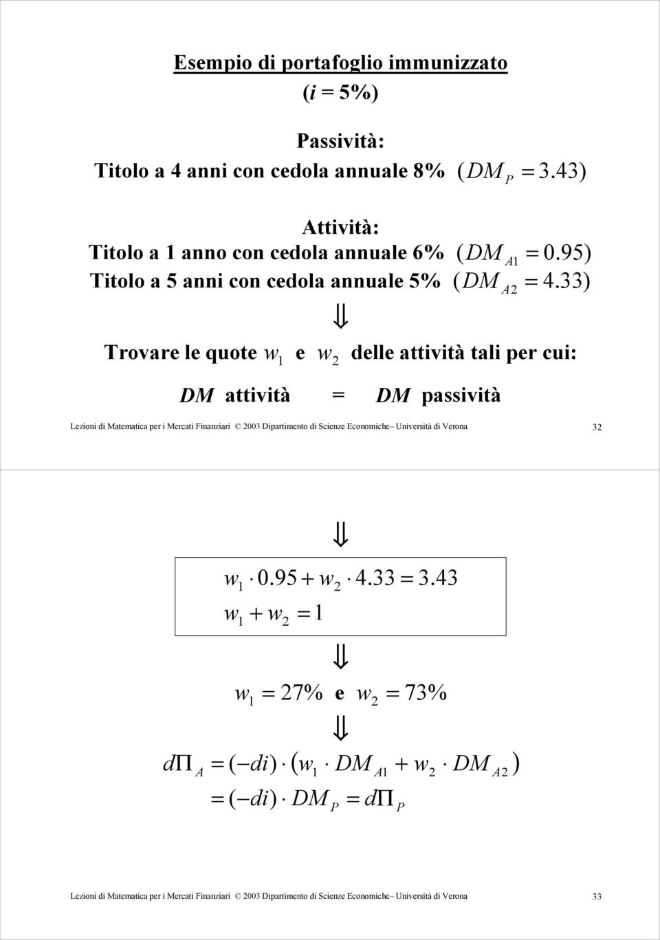 33) Trovare le quote w e w delle attività tali per ui: DM attività DM passività Lezioi di Matematia per i Merati Fiaziari 003