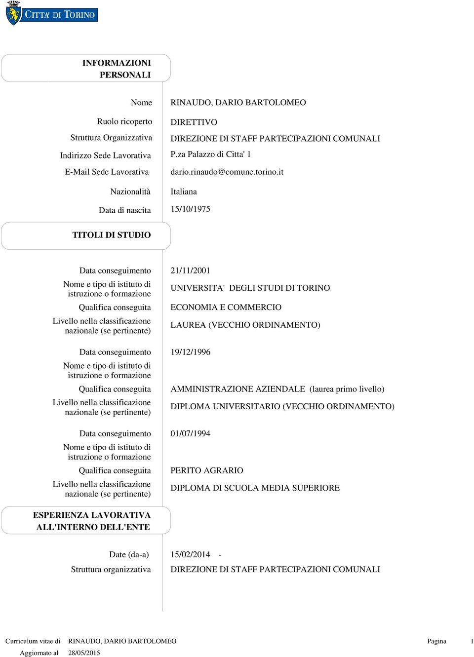 it Italiana 15/10/1975 TITOLI DI STUDIO 21/11/2001 UNIVERSITA' DEGLI STUDI DI TORINO ECONOMIA E COMMERCIO LAUREA (VECCHIO ORDINAMENTO) 19/12/1996 AMMINISTRAZIONE