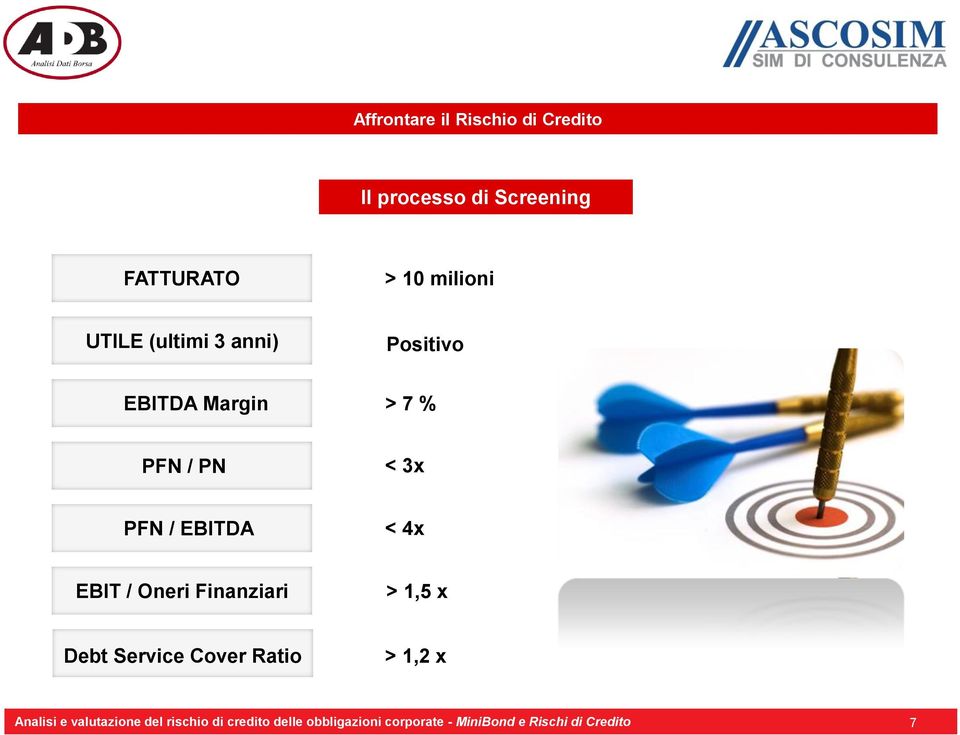 EBIT / Oneri Finanziari > 1,5 x Debt Service Cover Ratio > 1,2 x Analisi e