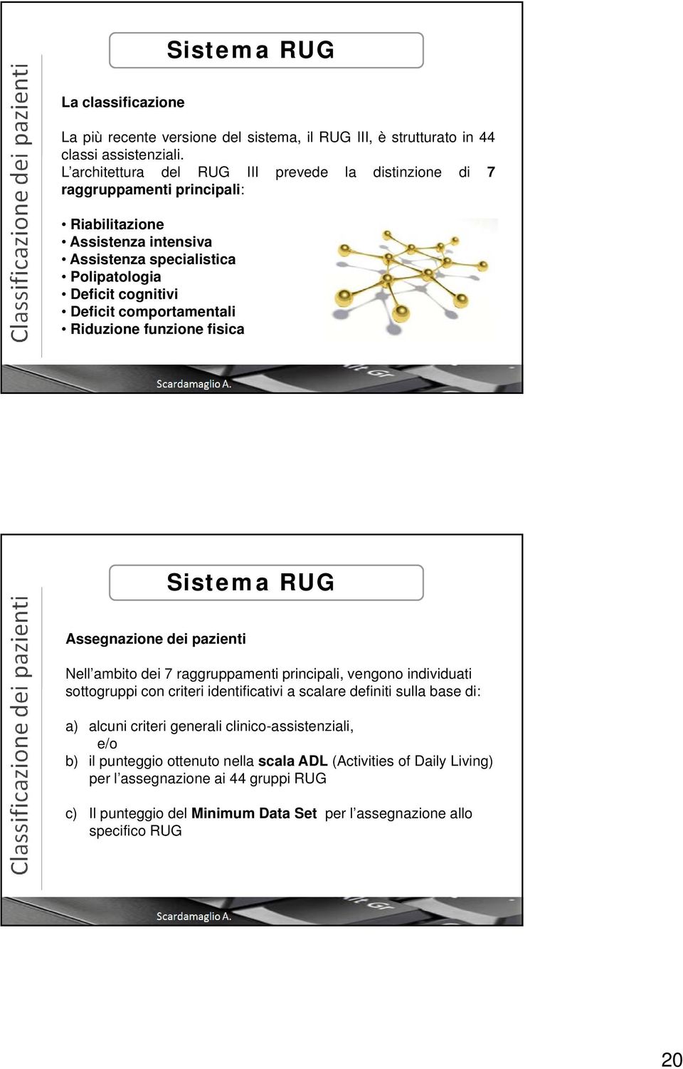 comportamentali Riduzione funzione fisica Sistema RUG Assegnazione dei pazienti Nell ambito dei 7 raggruppamenti principali, vengono individuati sottogruppi con criteri identificativi a