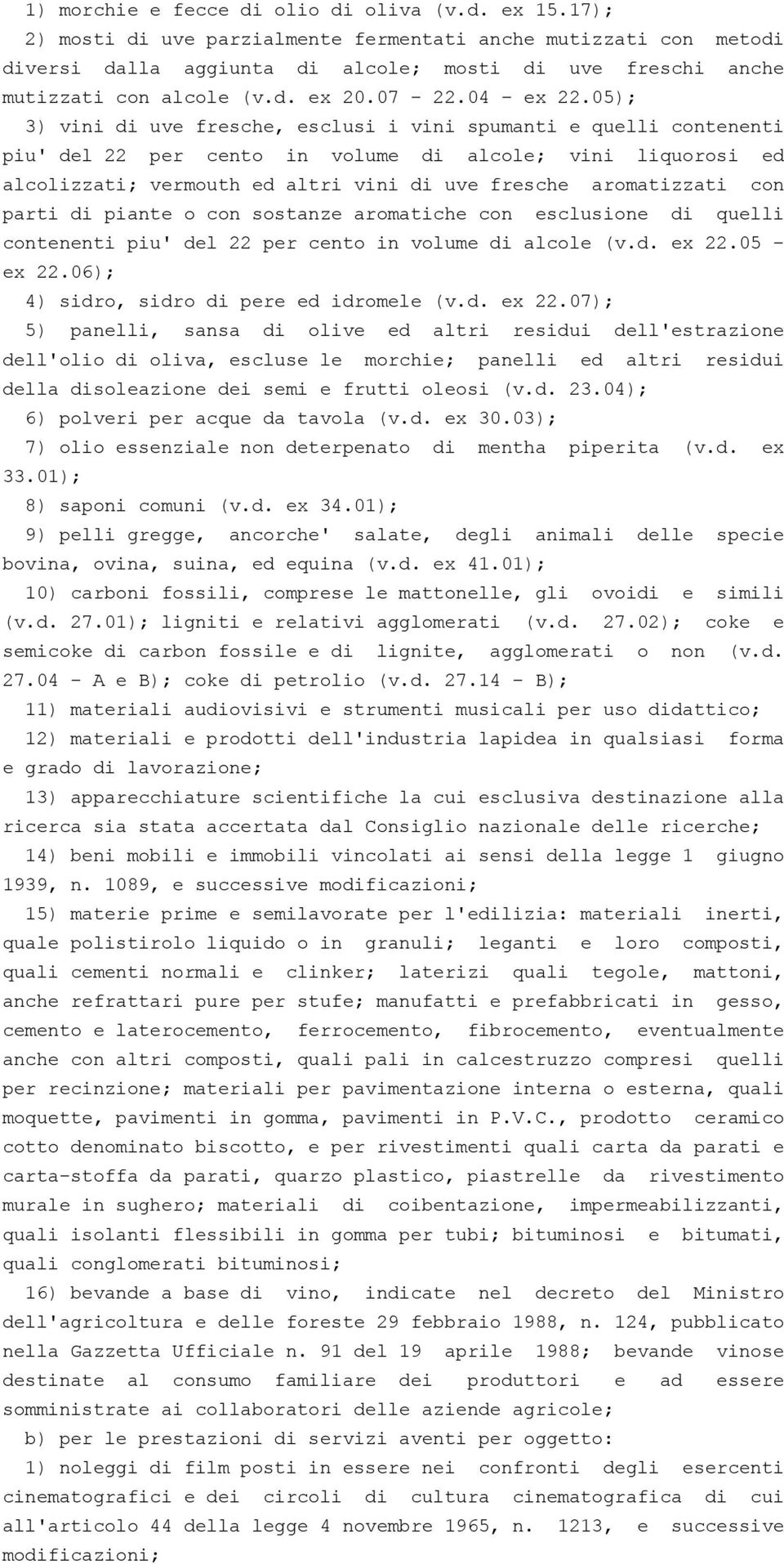 05); 3) vini di uve fresche, esclusi i vini spumanti e quelli contenenti piu' del 22 per cento in volume di alcole; vini liquorosi ed alcolizzati; vermouth ed altri vini di uve fresche aromatizzati