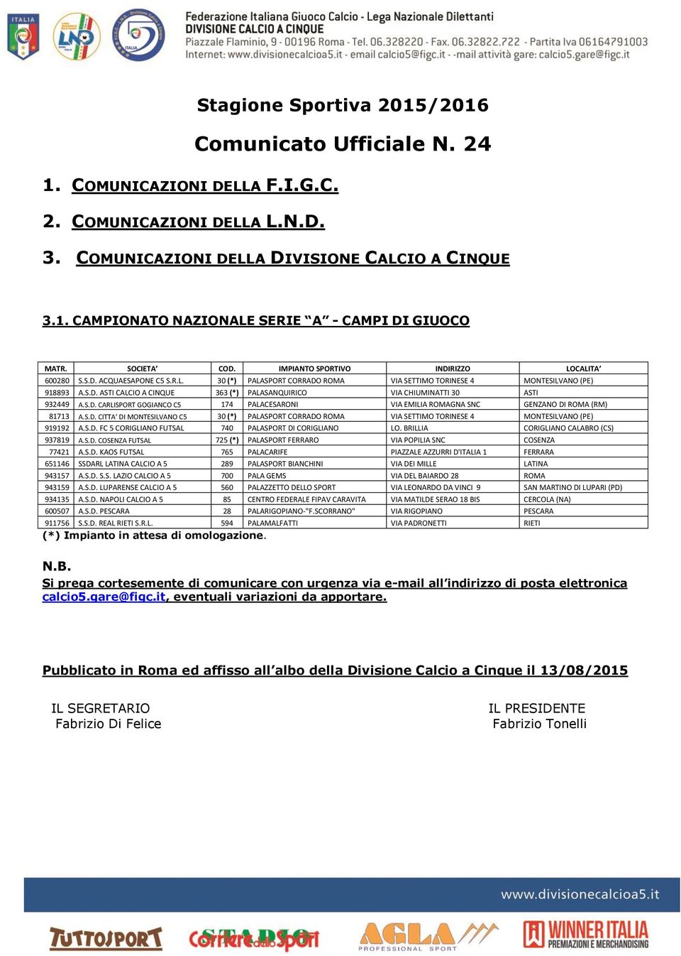 S.D. CITTA DI MONTESILVANO C5 30 (*) PALASPORT CORRADO ROMA VIA SETTIMO TORINESE 4 MONTESILVANO (PE) 919192 A.S.D. FC 5 CORIGLIANO FUTSAL 740 PALASPORT DI CORIGLIANO LO.