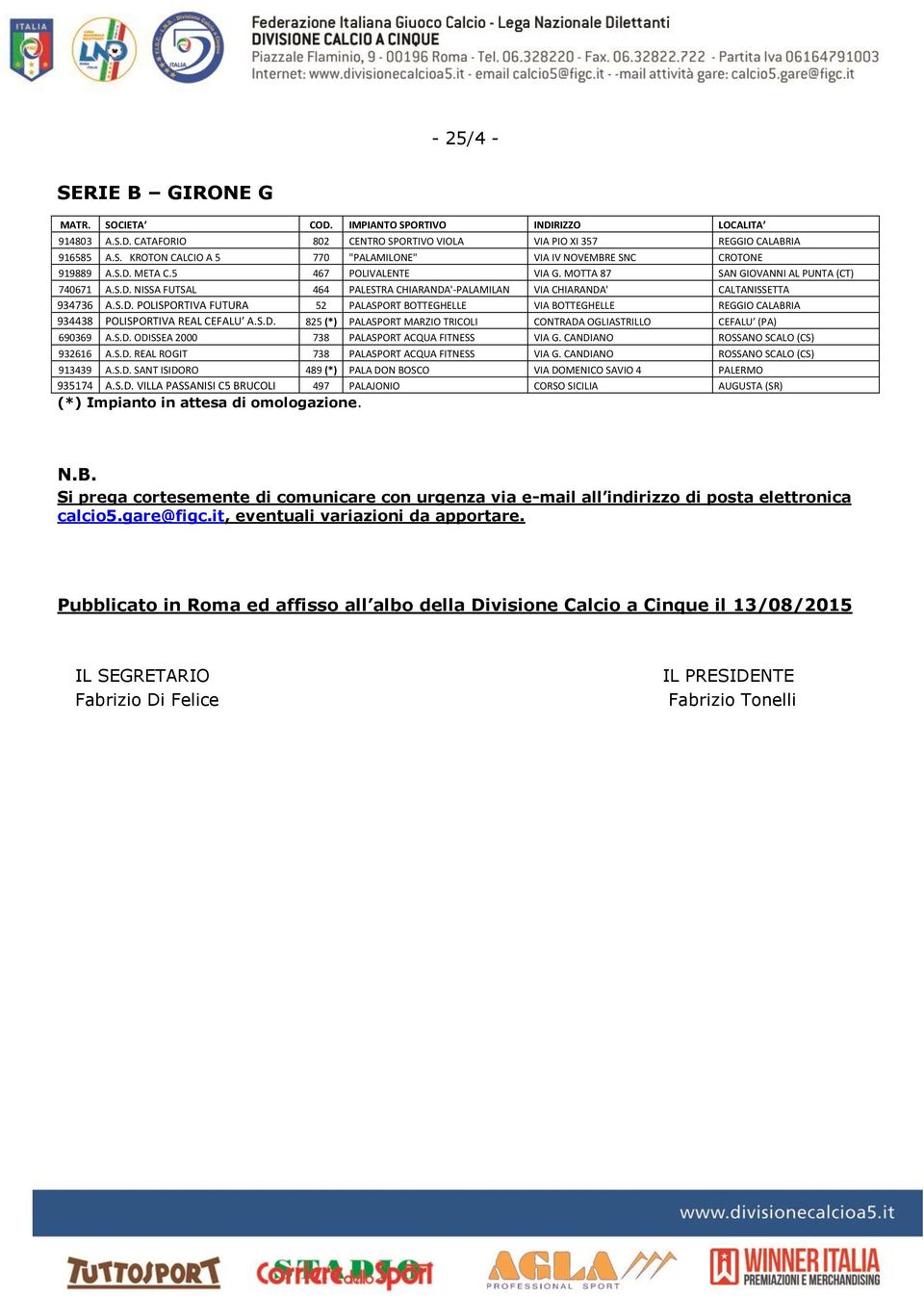 S.D. 825 (*) PALASPORT MARZIO TRICOLI CONTRADA OGLIASTRILLO CEFALU (PA) 690369 A.S.D. ODISSEA 2000 738 PALASPORT ACQUA FITNESS VIA G. CANDIANO ROSSANO SCALO (CS) 932616 A.S.D. REAL ROGIT 738 PALASPORT ACQUA FITNESS VIA G.