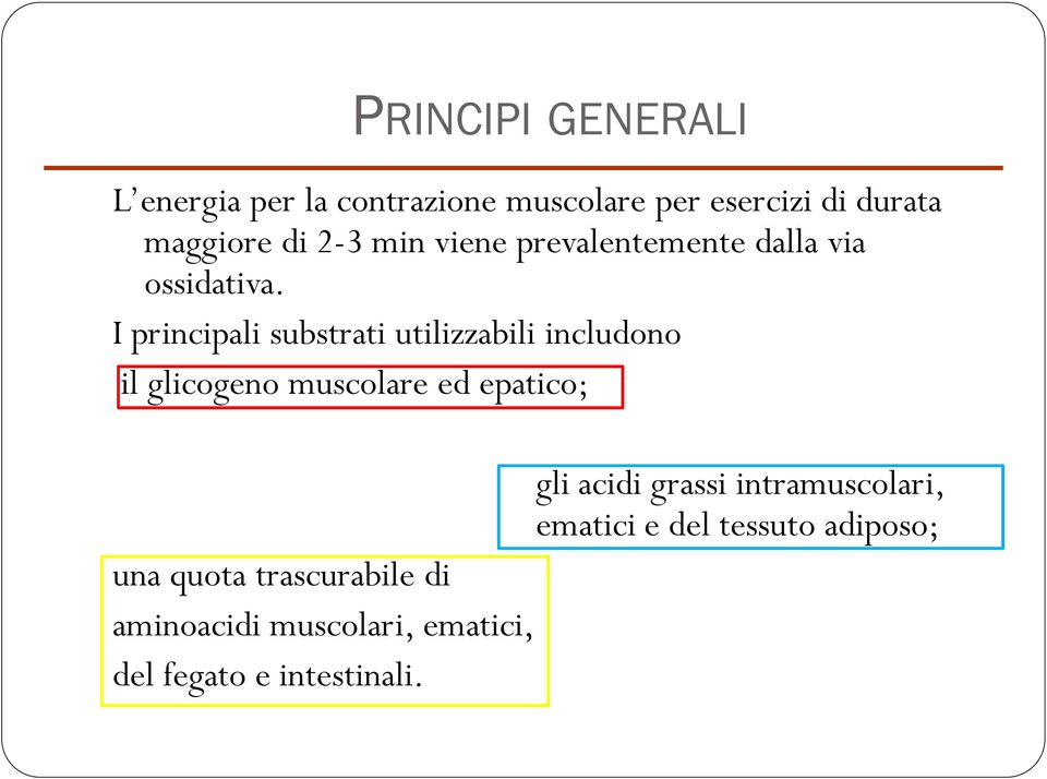 I principali substrati utilizzabili includono il glicogeno muscolare ed epatico; gli acidi