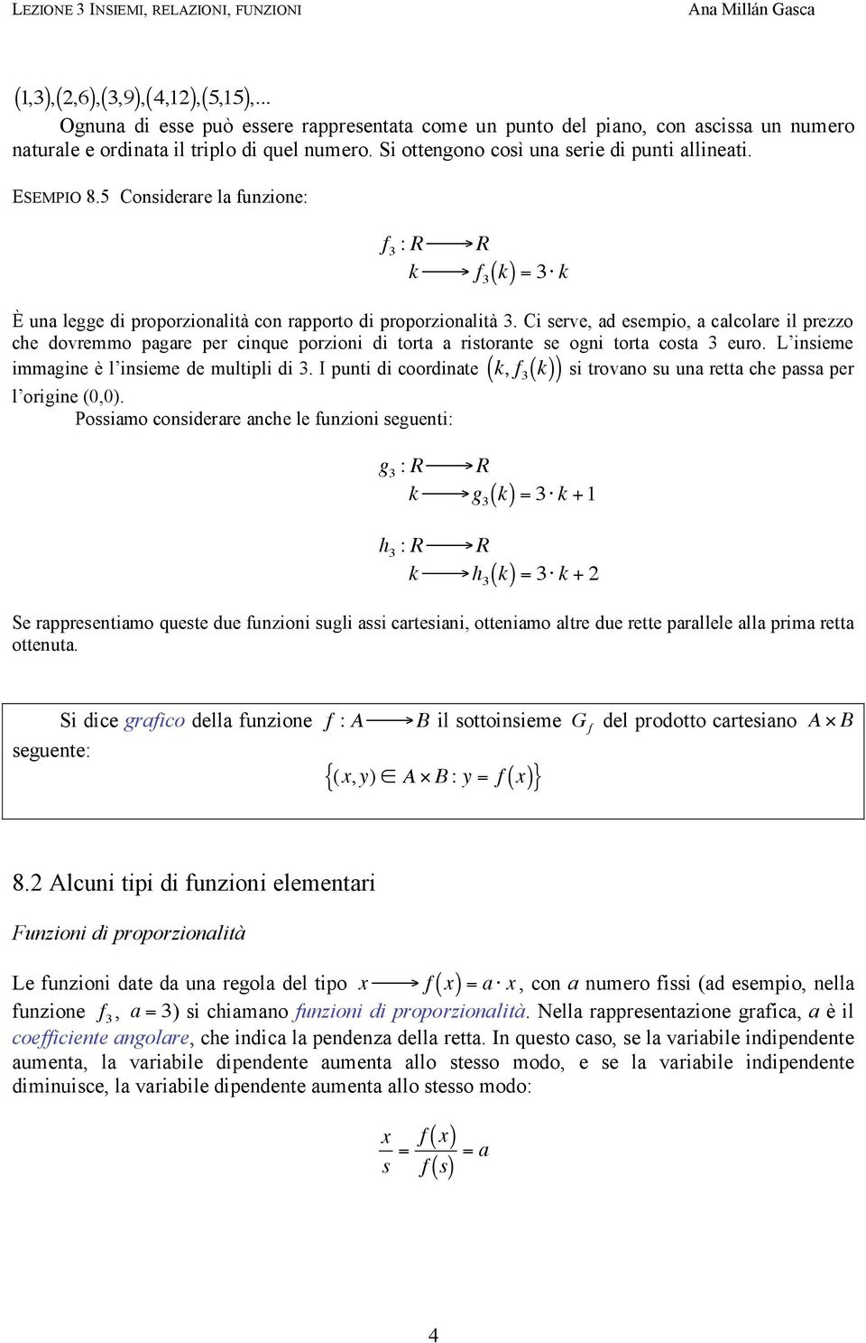 5 Considerare la funzione: f 3 : R "# R k "# f 3 k ( ) = 3$ k È una legge di proporzionalità con rapporto di proporzionalità 3.