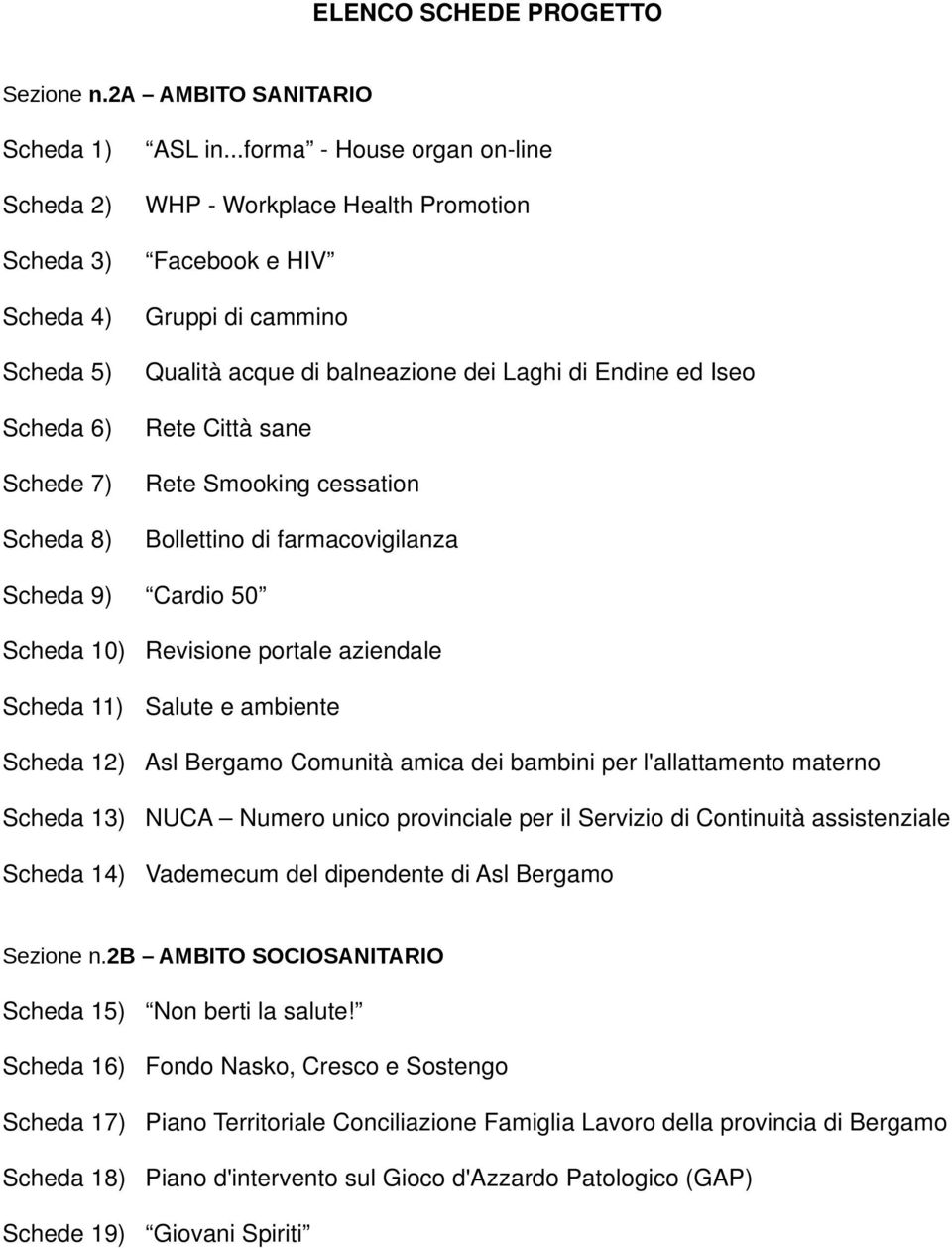 Bollettino di farmacovigilanza Scheda 9) Cardio 50 Scheda 10) Revisione portale aziendale Scheda 11) Salute e ambiente Scheda 12) Asl Bergamo Comunità amica dei bambini per l'allattamento materno