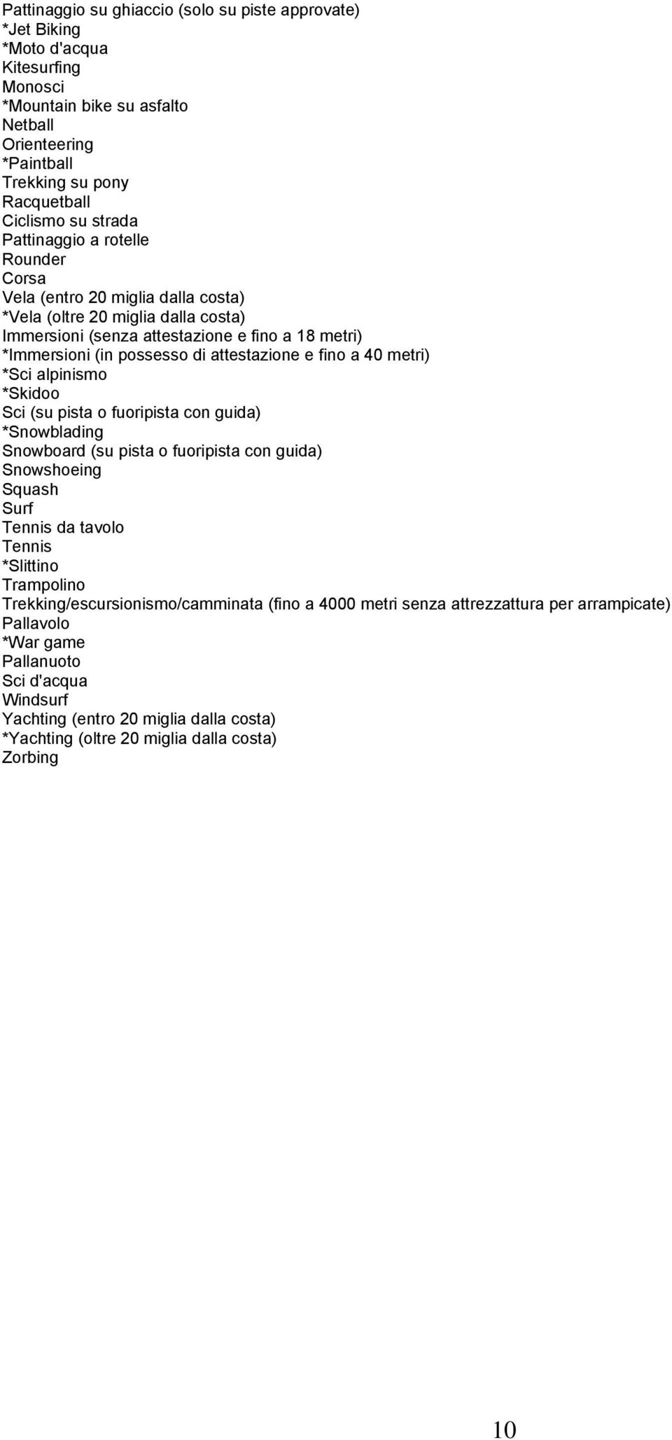 attestazione e fino a 40 metri) *Sci alpinismo *Skidoo Sci (su pista o fuoripista con guida) *Snowblading Snowboard (su pista o fuoripista con guida) Snowshoeing Squash Surf Tennis da tavolo Tennis