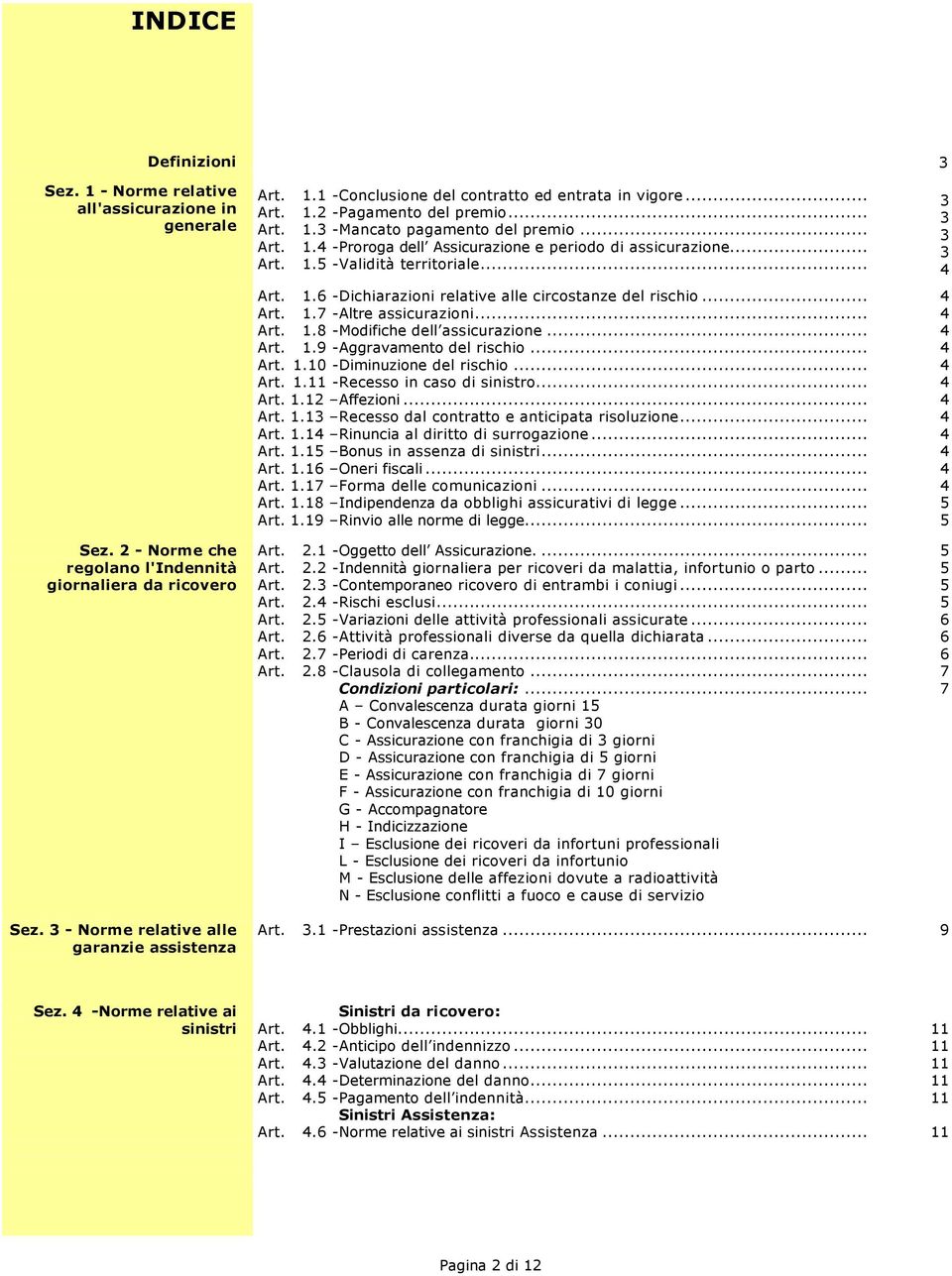 .. 1.11 -Recesso in caso di sinistro... 1.12 Affezioni... 1.13 Recesso dal contratto e anticipata risoluzione... 1.1 Rinuncia al diritto di surrogazione... 1.15 Bonus in assenza di sinistri... 1.16 Oneri fiscali.