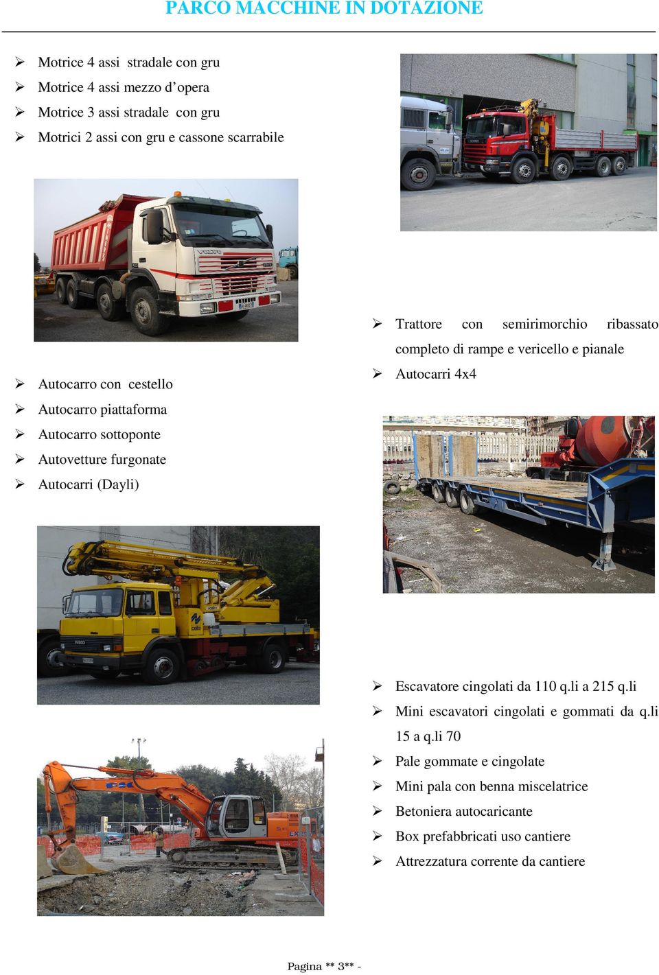 Autocarro sottoponte Autovetture furgonate Autocarri (Dayli) Escavatore cingolati da 110 q.li a 215 q.li Mini escavatori cingolati e gommati da q.li 15 a q.