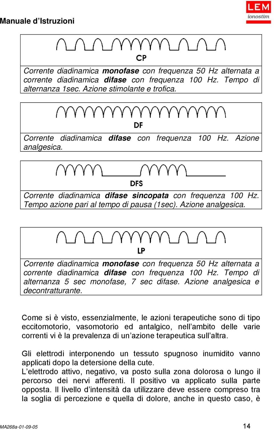 Tempo di alternanza 5 sec monofase, 7 sec difase. Azione analgesica e decontratturante.