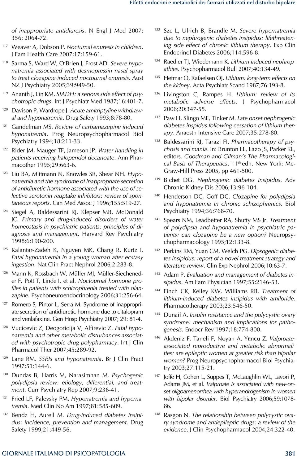 Aust NZ J Psychiatry 2005;39:949-50. 119 Ananth J, Lin KM. SIADH: a serious side effect of psychotropic drugs. Int J Psychiatr Med 1987;16:401-7. 120 Davison P, Wardrope J.