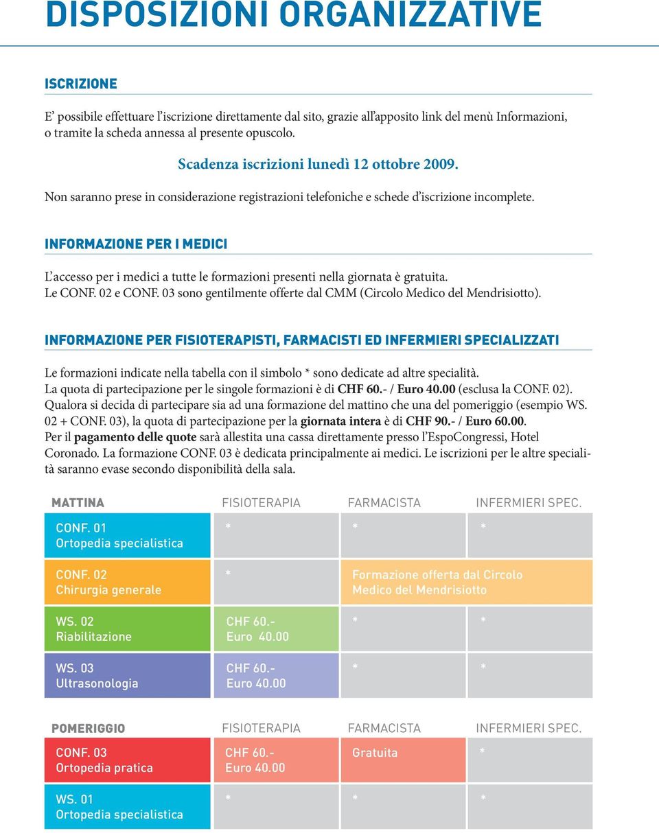 informazione per i medici L accesso per i medici a tutte le formazioni presenti nella giornata è gratuita. Le CONF. 02 e CONF. 03 sono gentilmente offerte dal CMM (Circolo Medico del Mendrisiotto).