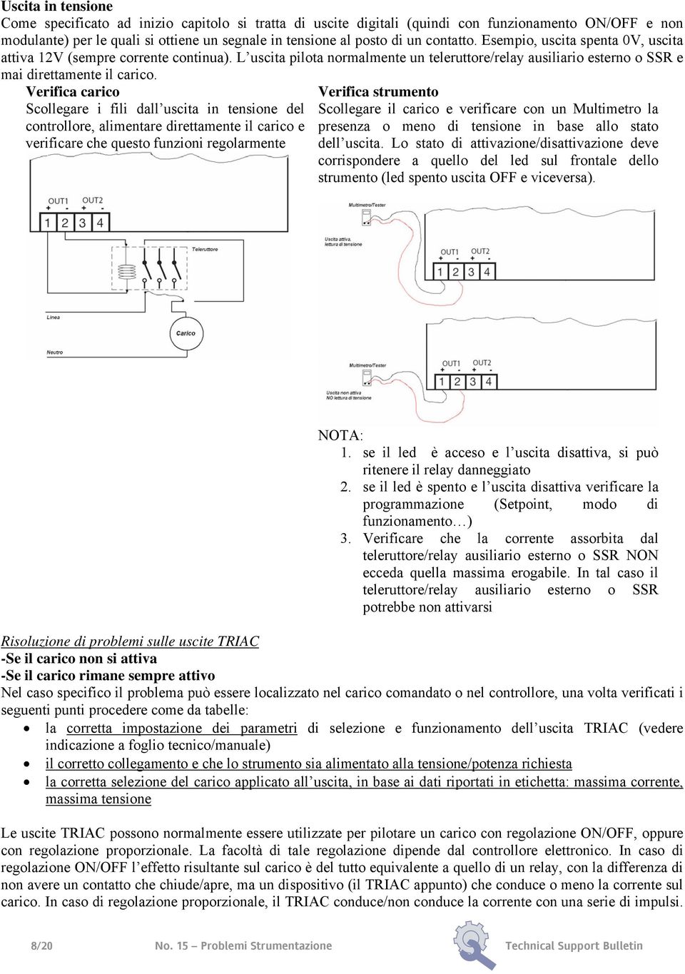 Verifica carico Scollegare i fili dall uscita in tensione del controllore, alimentare direttamente il carico e verificare che questo funzioni regolarmente Scollegare il carico e verificare con un