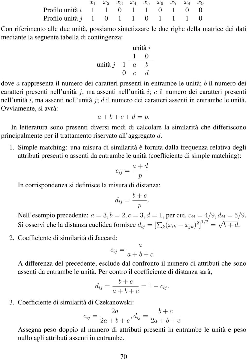 ma assenti nell unità i; c il numero dei caratteri presenti nell unità i, ma assenti nell unità j; d il numero dei caratteri assenti in entrambe le unità. Ovviamente, si avrà: a + b + c + d = p.