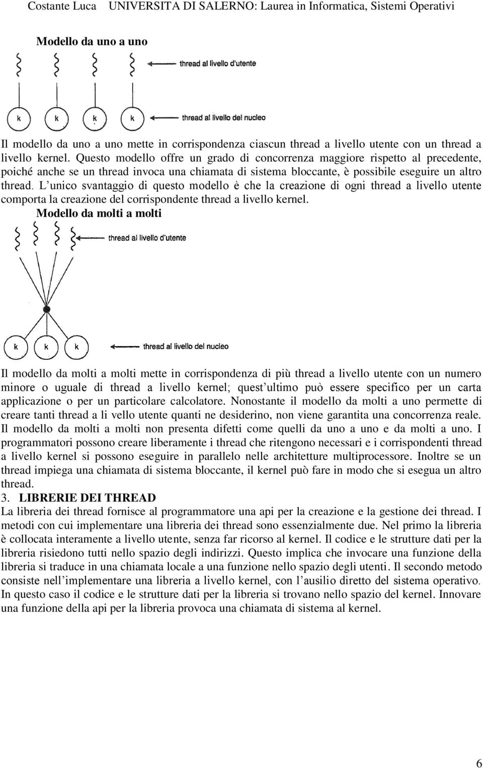 L unico svantaggio di questo modello è che la creazione di ogni thread a livello utente comporta la creazione del corrispondente thread a livello kernel.