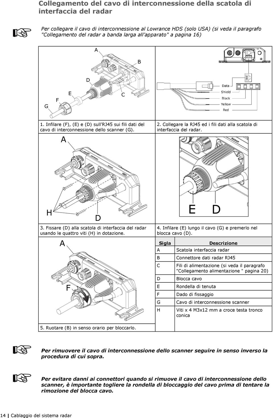 Collegare la RJ45 ed i fili dati alla scatola di interfaccia del radar. 3. Fissare (D) alla scatola di interfaccia del radar usando le quattro viti (H) in dotazione. 4.