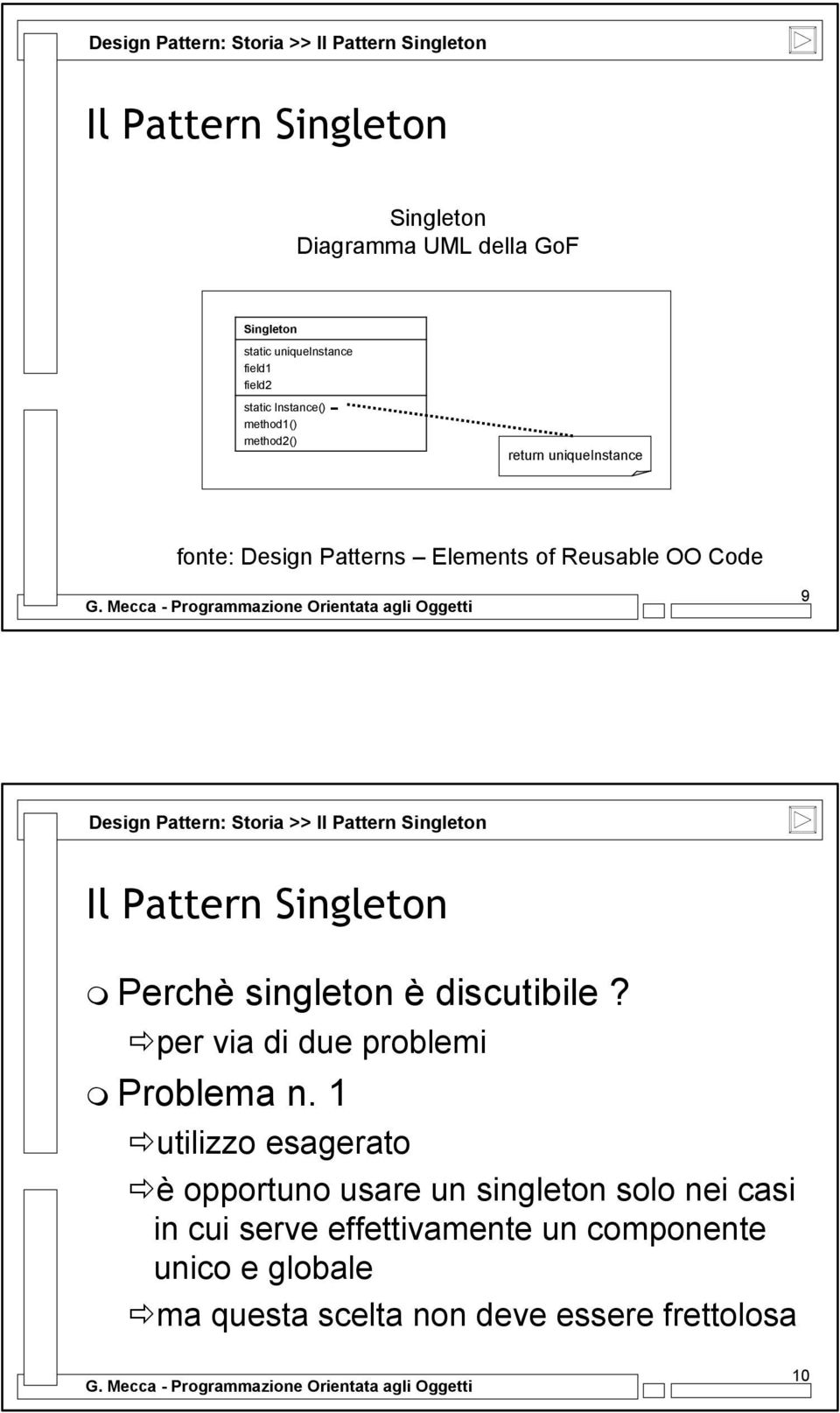 Pattern: Storia >> Perchè singleton è discutibile? per via di due problemi Problema n.