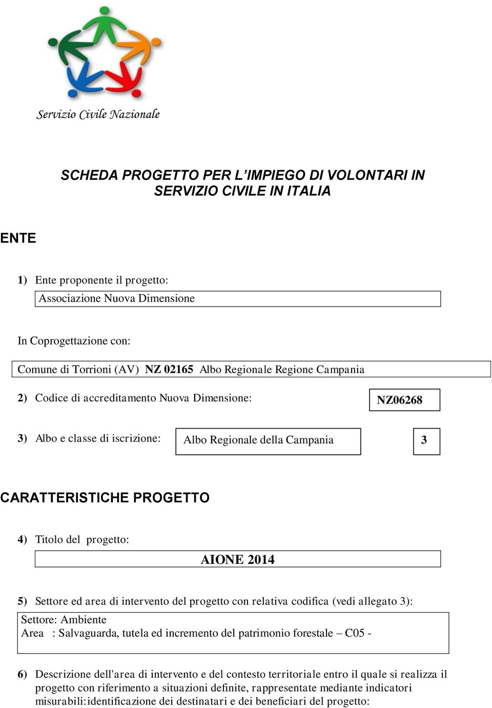 4) Titolo del progetto: AIONE 2014 5) Settore ed area di intervento del progetto con relativa codifica (vedi allegato 3): Settore: Ambiente Area : Salvaguarda, tutela ed incremento del patrimonio