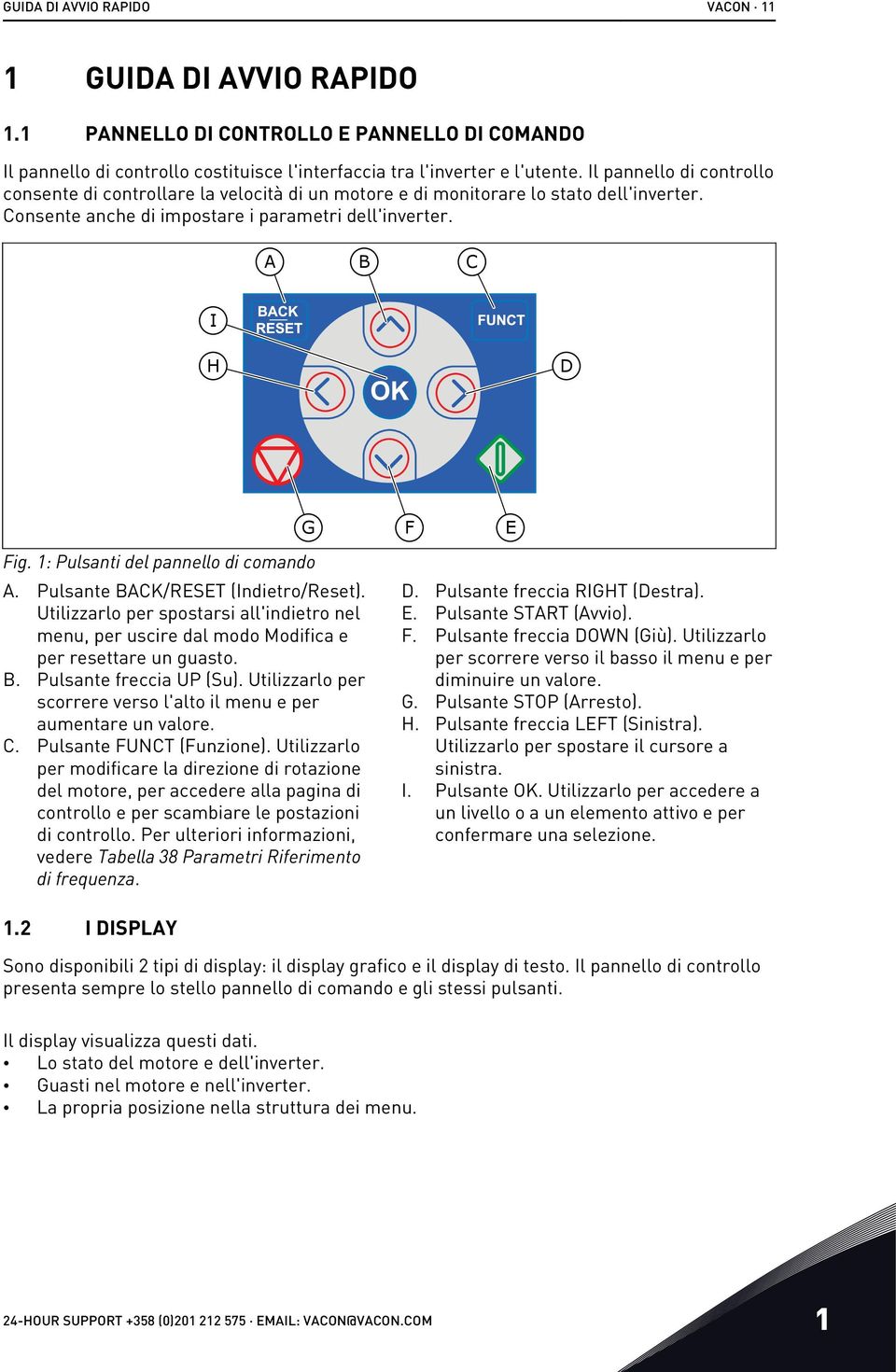 1: Pulsanti del pannello di comando A. Pulsante BACK/RESET (Indietro/Reset). Utilizzarlo per spostarsi all'indietro nel menu, per uscire dal modo Modifica e per resettare un guasto. B. Pulsante freccia UP (Su).