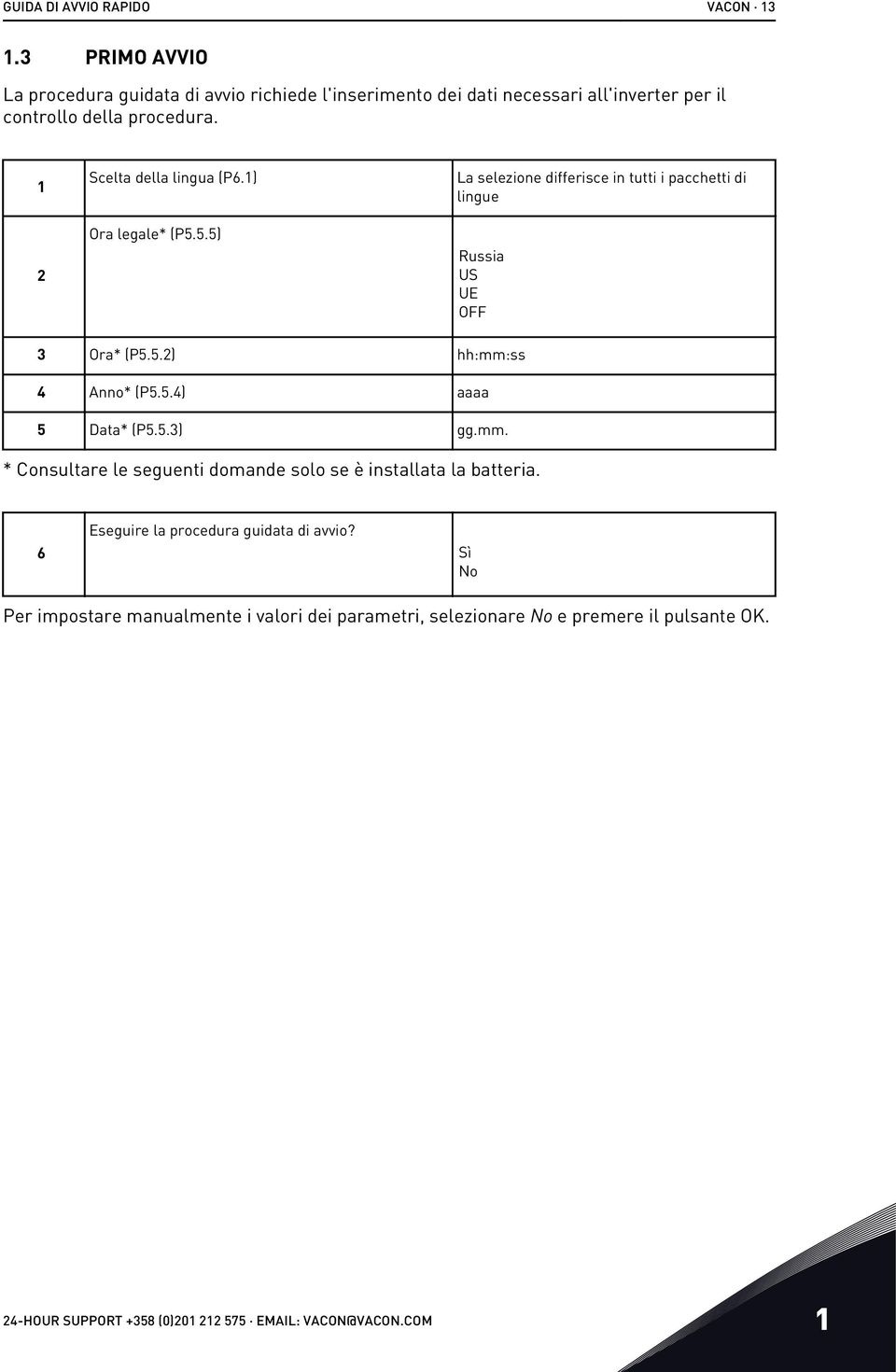 1 2 Scelta della lingua (P6.1) Ora legale* (P5.5.5) La selezione differisce in tutti i pacchetti di lingue Russia US UE OFF 3 Ora* (P5.5.2) hh:mm:ss 4 Anno* (P5.