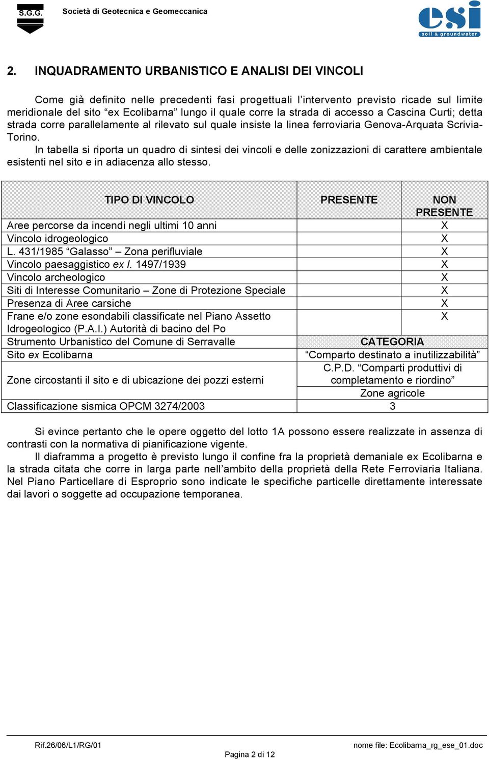 In tabella si riporta un quadro di sintesi dei vincoli e delle zonizzazioni di carattere ambientale esistenti nel sito e in adiacenza allo stesso.