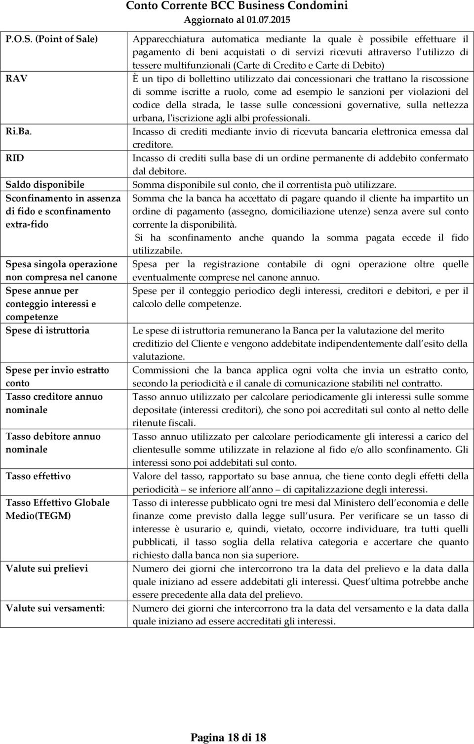 istruttoria Spese per invio estratto conto Tasso creditore annuo nominale Tasso debitore annuo nominale Tasso effettivo Tasso Effettivo Globale Medio(TEGM) Valute sui prelievi Valute sui versamenti: