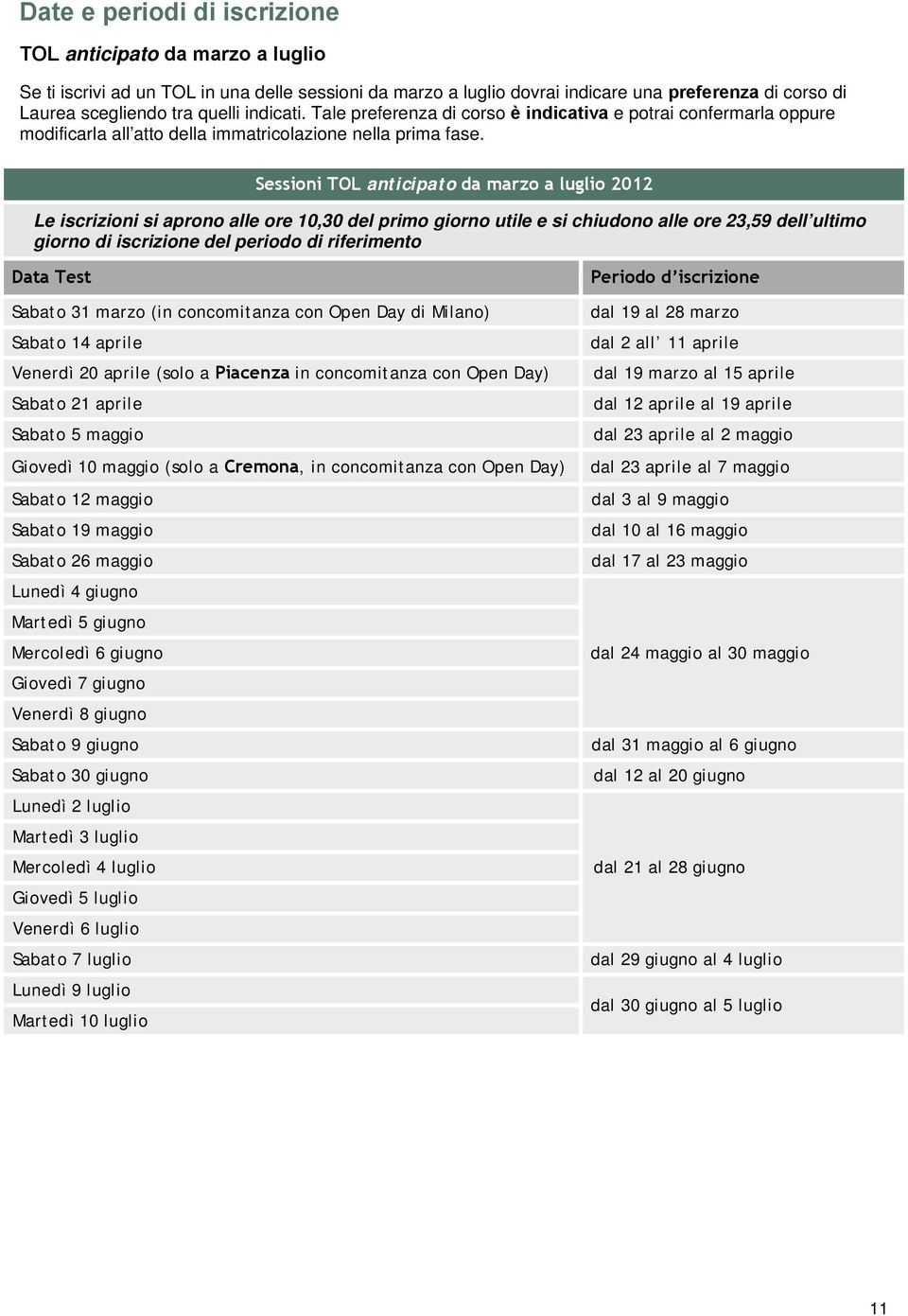 Sessioni TOL anticipato da marzo a luglio 2012 Le iscrizioni si aprono alle ore 10,30 del primo giorno utile e si chiudono alle ore 23,59 dell ultimo giorno di iscrizione del periodo di riferimento