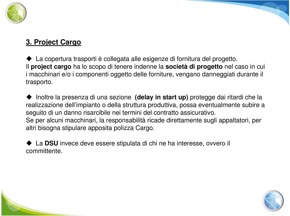 Inoltre la presenza di una sezione (delay in start up) protegge dai ritardi che la realizzazione dell impianto o della struttura produttiva, possa eventualmente subire a seguito di un