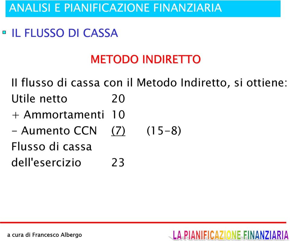 Utile netto 20 + Ammortamenti 10 - Aumento