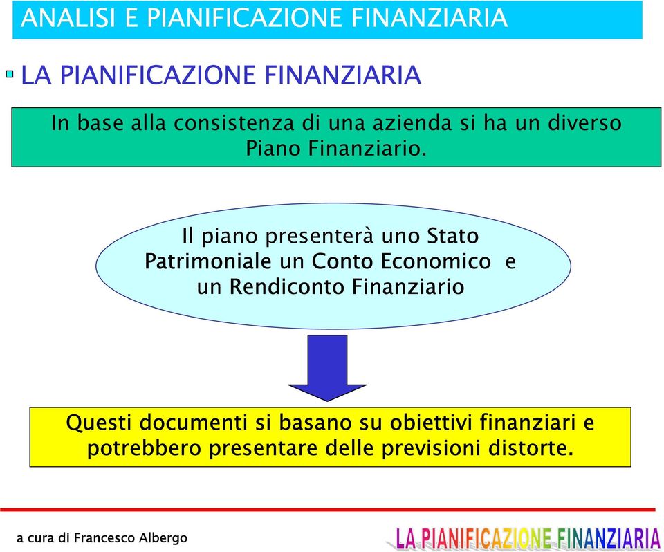 Il piano presenterà uno Stato Patrimoniale un Conto Economico e un