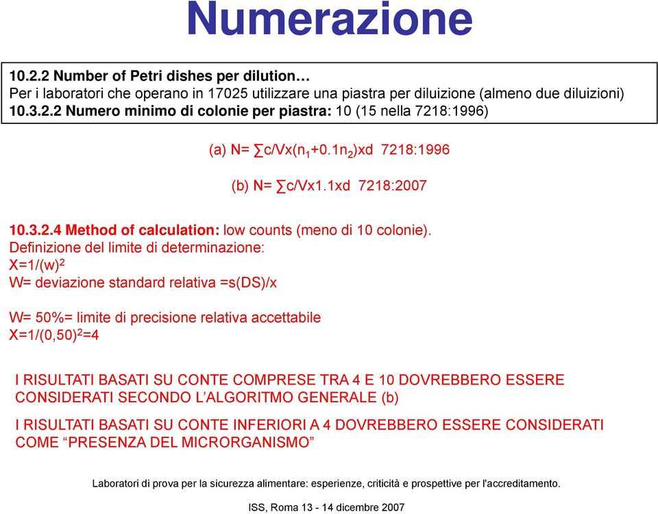 Definizione del limite di determinazione: X=1/(w) 2 W= deviazione standard relativa =s(ds)/x W= 50%= limite di precisione relativa accettabile X=1/(0,50) 2 =4 I RISULTATI BASATI SU