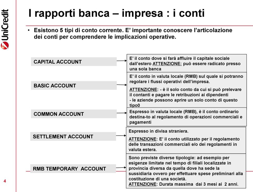 sola banca E il conto in valuta locale (RMB) sul quale si potranno regolare i flussi operativi dell impresa.