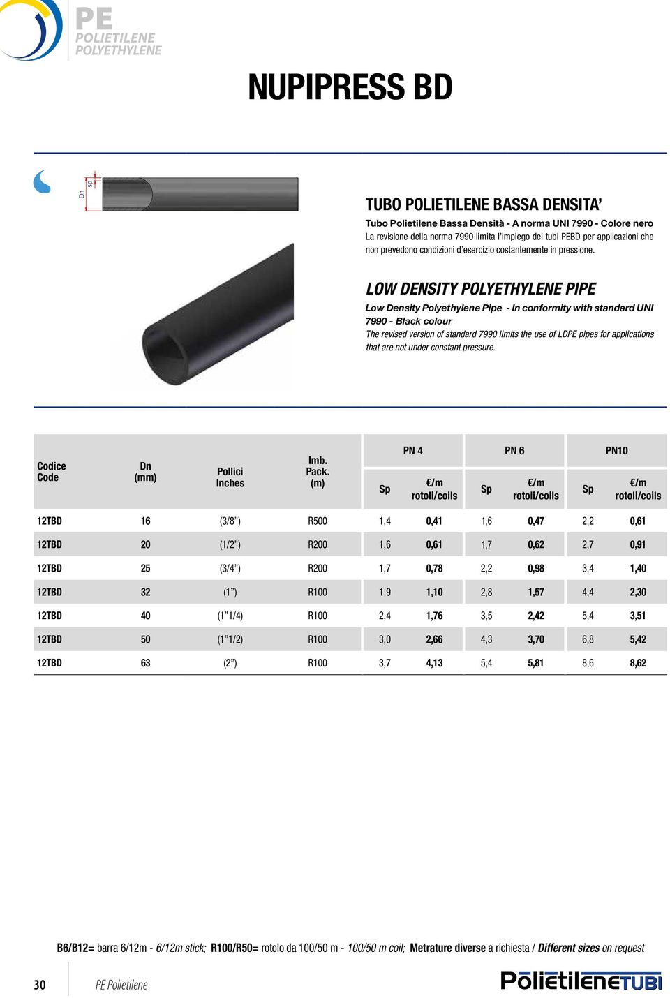 7990 - Colore nero La revisione della norma 7990 limita l impiego dei tubi PEBD per applicazioni che non prevedono condizioni d esercizio costantemente in pressione.