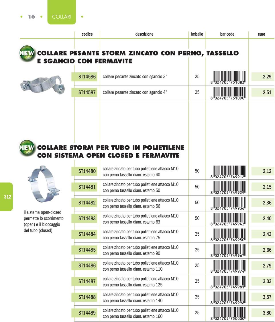 esterno 40 50 2,2 32 il sistema open-closed permette lo scorrimento (open) e il bloccaggio del tubo (closed) ST448 ST4482 ST4483 ST4484 collare zincato per tubo polietilene attacco M0 con perno
