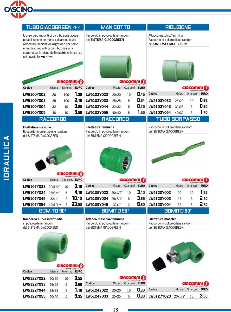 Raccordo in polipropilene random del SISTEMA GIACOGREEN Attacco maschio/femmina Raccordo in polipropilene random del SISTEMA GIACOGREEN Codice Misura Barre mt.