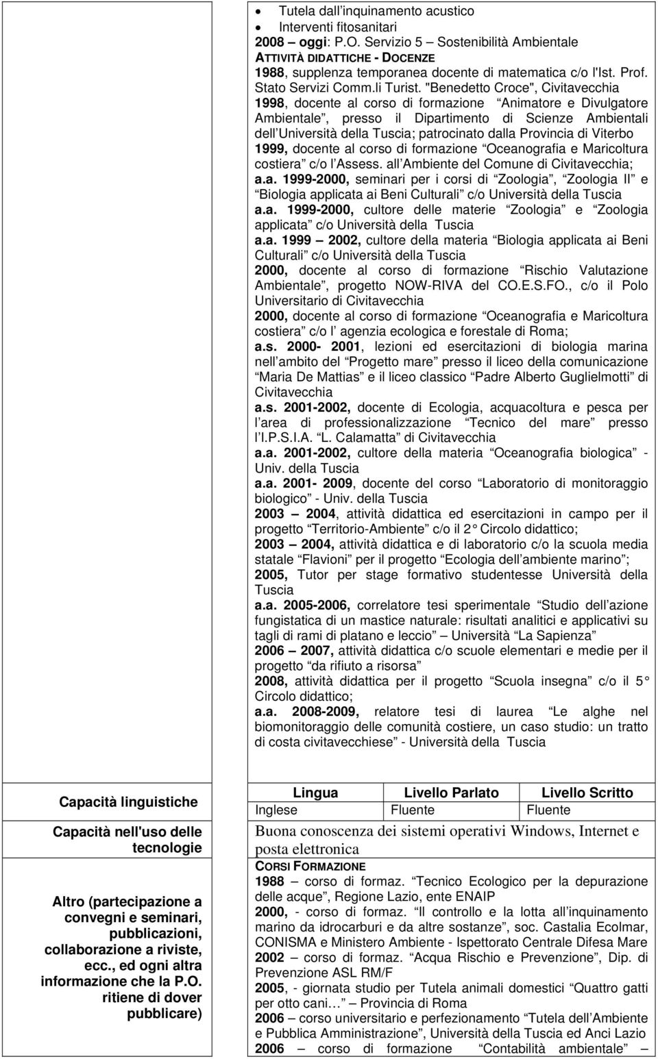 "Benedetto Croce", Civitavecchia 1998, docente al corso di formazione Animatore e Divulgatore Ambientale, presso il Dipartimento di Scienze Ambientali dell Università della Tuscia; patrocinato dalla