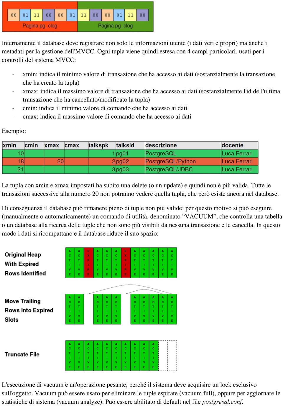 ha creato la tupla) xmax: indica il massimo valore di transazione che ha accesso ai dati (sostanzialmente l'id dell'ultima transazione che ha cancellato/modificato la tupla) cmin: indica il minimo